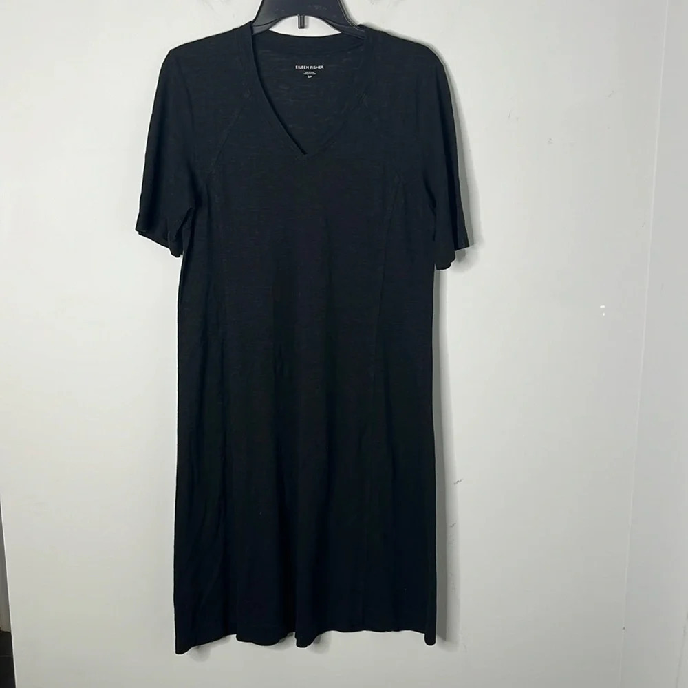 Eileen Fisher Black V-neck Hemp Blend T-shirt Dress